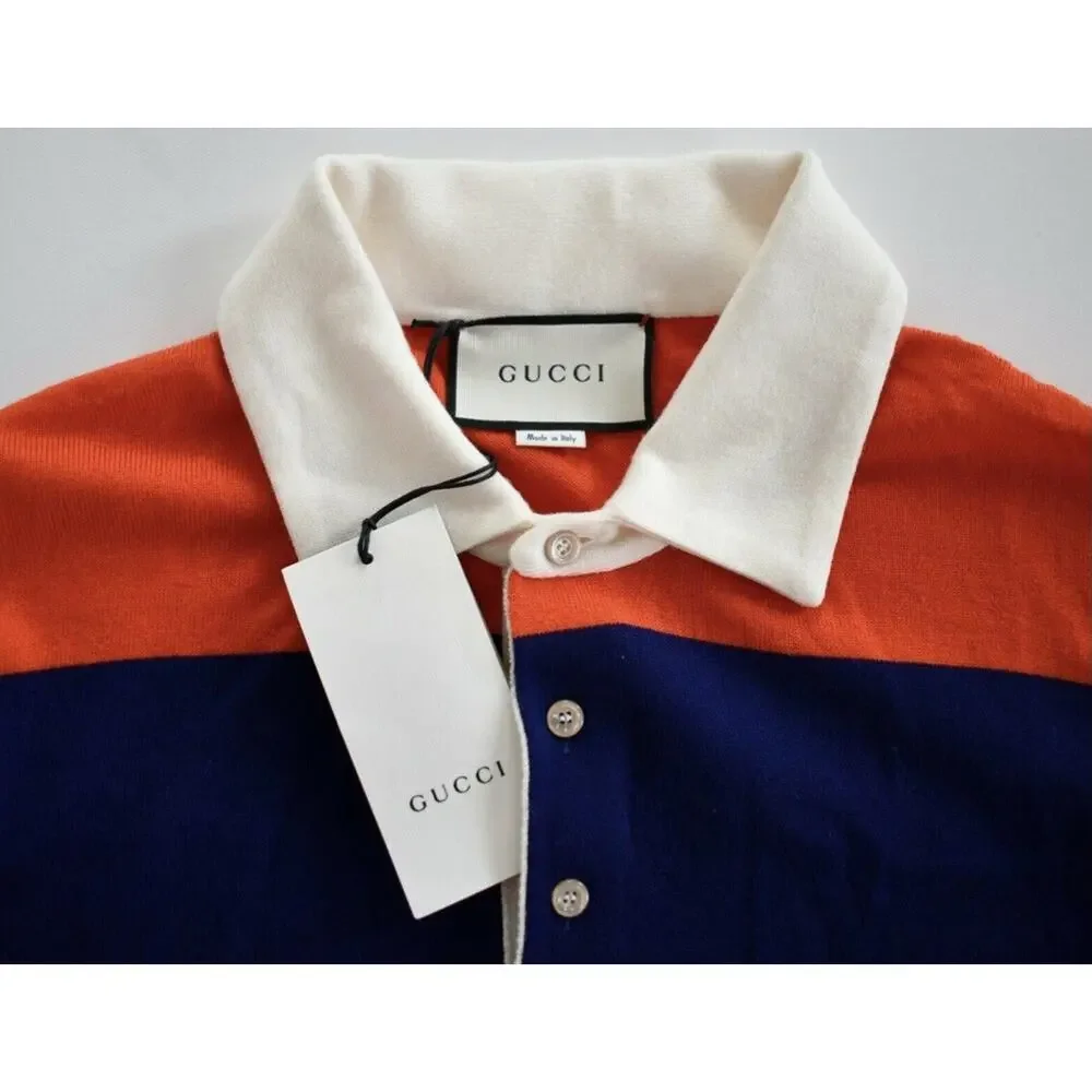 Gucci Blue/Orange Striped Wolf-Patch Oversized Wool Polo Sweater Size S $1200.00